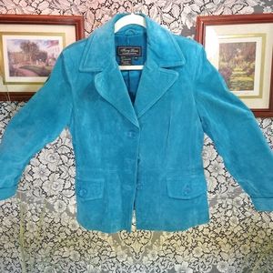 Terry Lewis teal / blue coat genuine leather loose fit lined shiny trim vintage